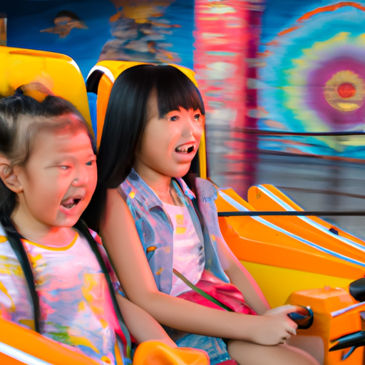 ילדים נרגשים נהנים מטיולים מרתקים בפארק שעשועים פופולרי בבנגקוק.